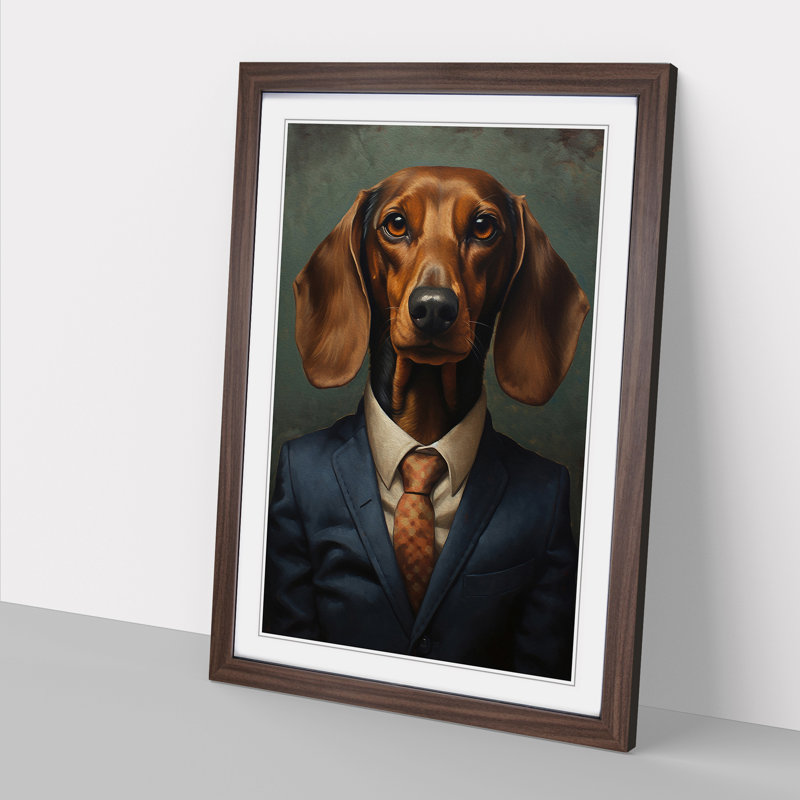 Dachshund In A Suit Painting Framed Print, Walnut , 46cm H x 34cm W x 2cm D