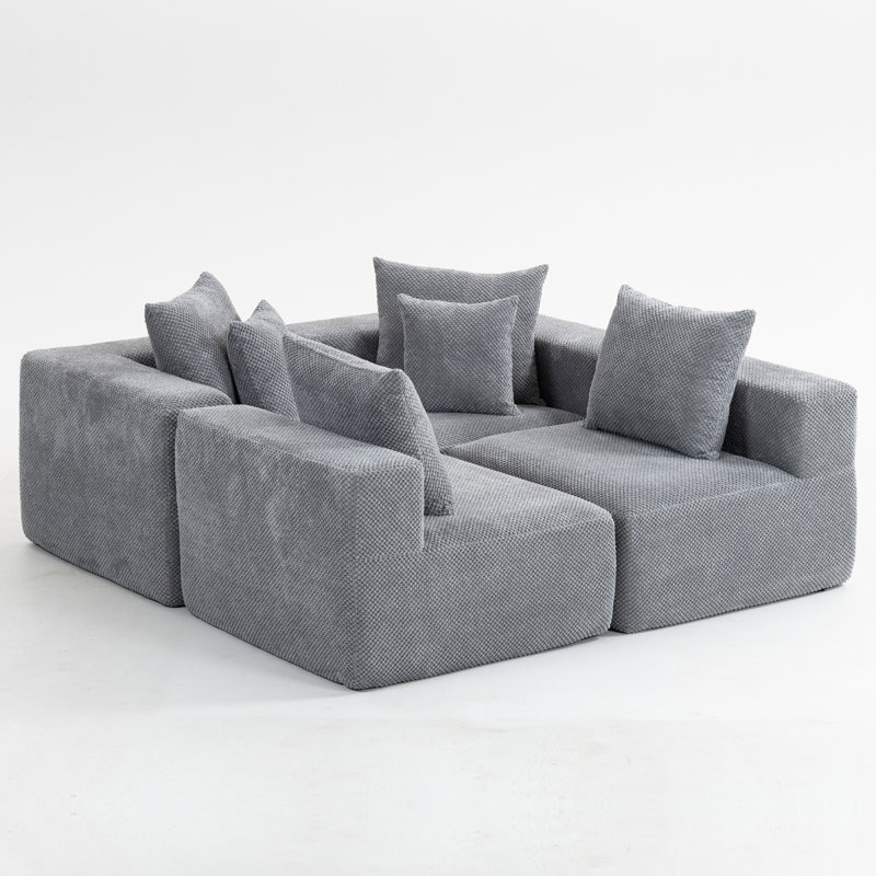 Modular Lshaped Sectional Sofa, Allfoam Deepseat Couch In Plush Textured Chenille, Includes 5 Matching Pillows, Compressed Shipping, 111" W × 74" D × 23.6" Hgrey