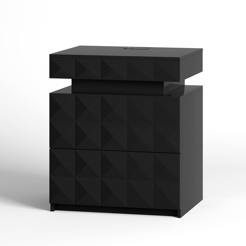 Diamond-Textured 2 - Drawers Bedside Table with Hidden Storage and Lockable, Modern Nightstand with Human Sensor Light, Black