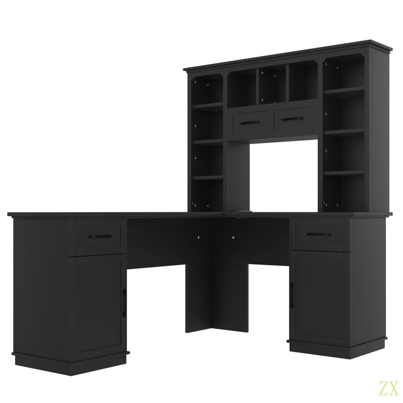 Bureau d'ordinateur en L avec 2 armoires et 2 tiroirs sous la table, 11 tablettes ouvertes et une tablette rabattable avec rangement sur le côté droit, convenant pour le bureau, le salon et le bureau