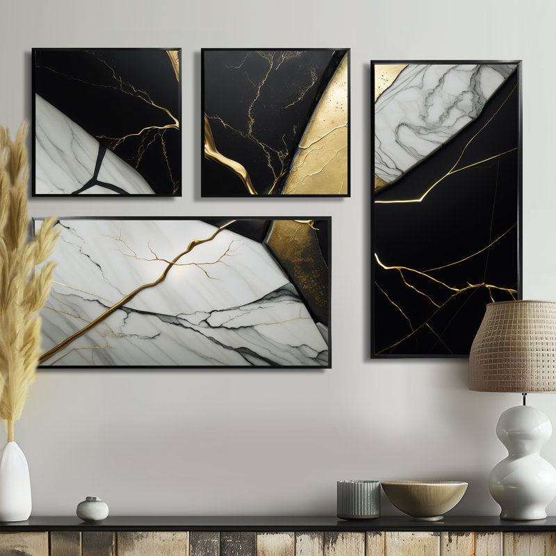 Abstract Geode IV - Art mural abstrait en marbre 4 pièces, Noir, Impression encadrée sans passe-partout