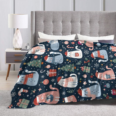 Couverture de Noël avec motif de chat, cadeau idéal pour les amoureux des chats, femmes, décoration douillette pour les fêtes, 127 x 152 cm. De plus, un sac fourre-tout en toile avec un chat et un chapeau de Noël vous est offert.