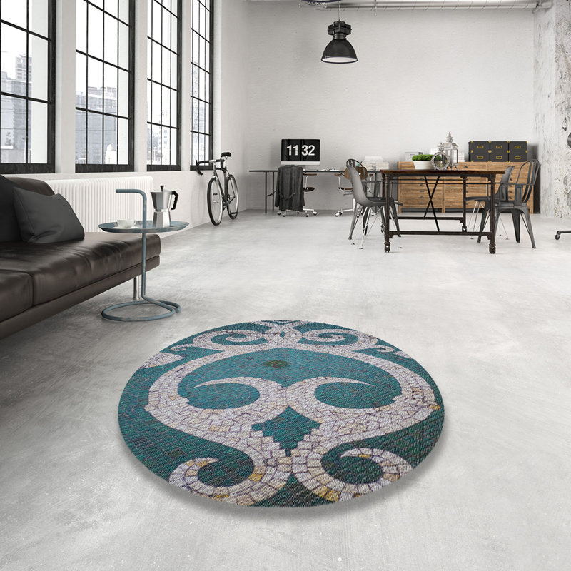 Tapis bleu aqua/blanc à motifs, Rond 5 pi