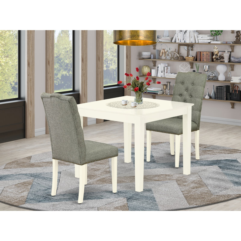 Ensemble de 3 tables de cuisine pour petits espaces comprenant une table de salle à manger carrée et 2 chaises rembourrées en tissu de lin gris, lin blanc