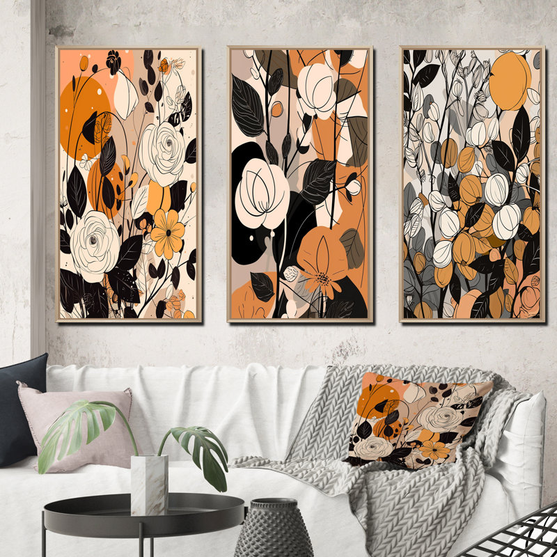 «Retro Terracotta Roses Illustration», 3 pièces, Cadre naturel flottant, H 28 po x l 36 po