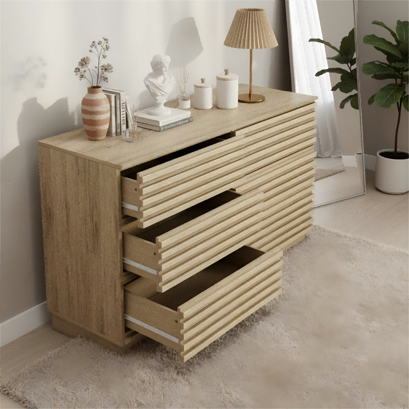 Commode cannelée moderne 47 po à 6 tiroirs avec finition chêne naturel, tiroirs coulissants et ensemble anti-basculement