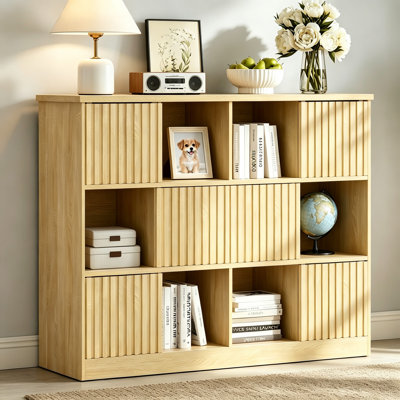 47.2" 12-Cube Fluted Wood Bookshelf With Sliding Cover Panels, Open & Closed Storage Bookcase For Living Room Office Entryway