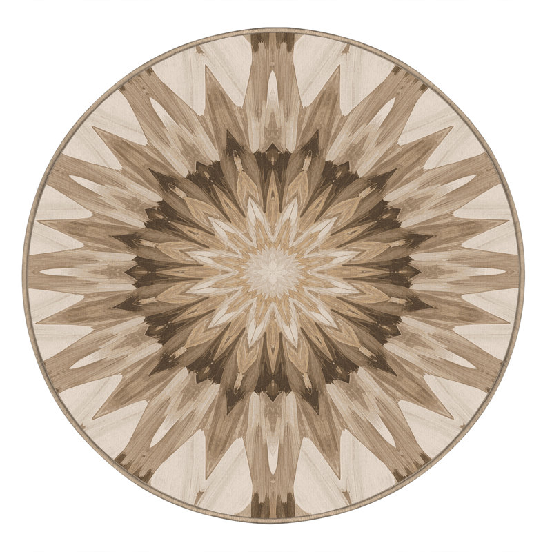 Machine Washable Paulett Posh & Luxe Starburst Rug in Brown – Beige Binding, 4' Round