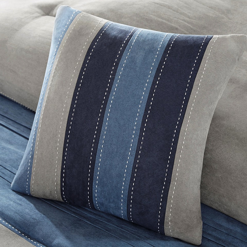 Édredon 7 pièces bleu marine en microsuède, 2 jupes de lit, 1 coussin décoratif avec détails, taies décoratives, 3 coussins, jupe