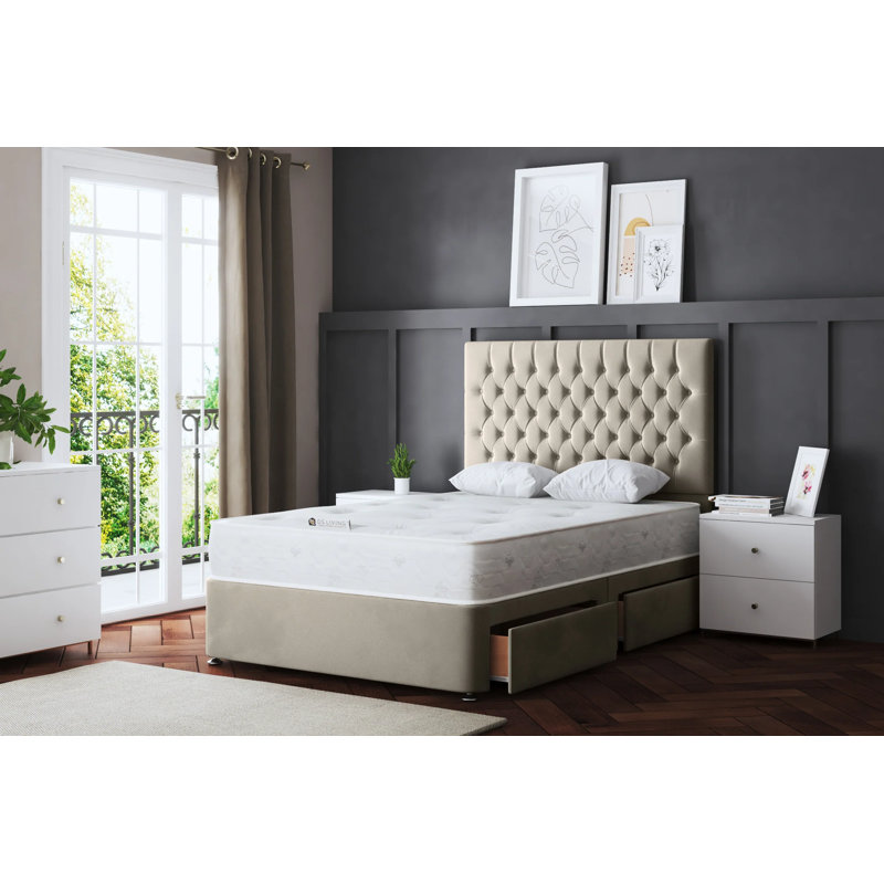 Seraphine Chesterfield Divan Bed with Headboard, Small Double (4'), Beige