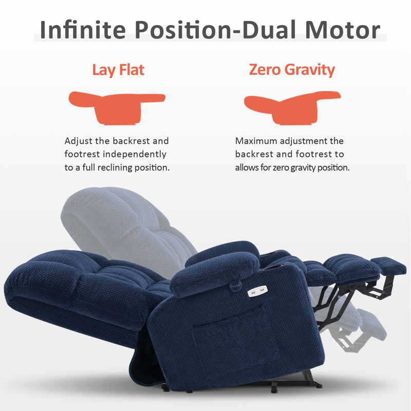26.4'' W Dual Motor Power Lift Recliner Infinite Position With Heat And Massage, Fabric, Navy Blue
