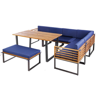 8pcs Patio Dining Set Acacia Wood L Shaped Sectional Sofa Set W/ Navy Cushions