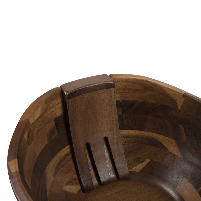 Acacia Wood Salad Bowl with Integrated Tossing Tools
