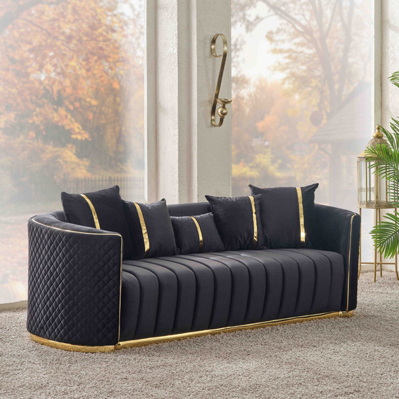 Xyraa Black Velvet Tufted Sofa – Modern Glam Design with Gold Metal Base