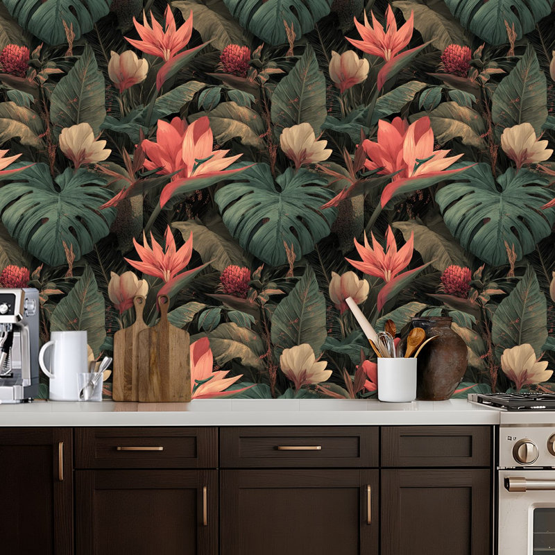 Papier peint adhésif auto-adhésif en PVC, adhésif mural amovible à motif de fleurs tropicales de luxe Monstera, imperméable pour la décoration intérieure - Rouleau