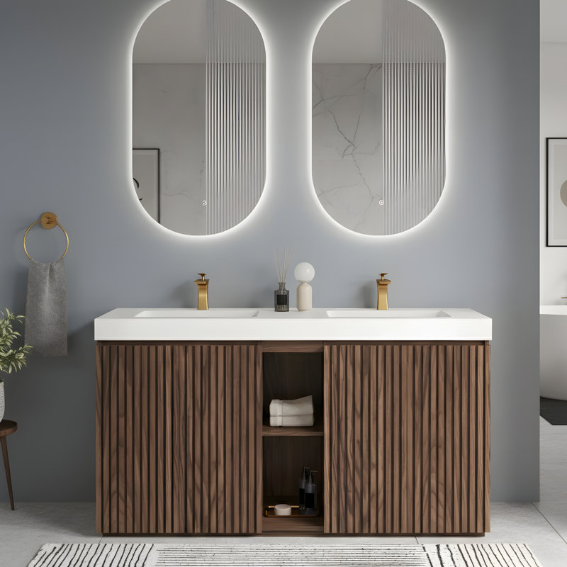 Grand lavabo de salle de bain indépendant, lavabo blanc intégré, Noyer brun, Blanc