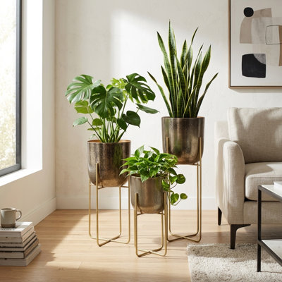 Jardinières modernes en fer rondes en métal sur support pour le bureau et le salon - Pots de fleurs pour la décoration intérieure de la terrasse - ensemble de 3
