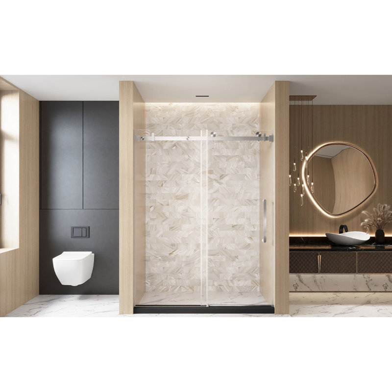 Single Sliding Shower Door In American Design For Bathroom, 56 - 60 "W X 76" H, 1/4"  6 Mm  Clear Tempered Glass, Proof Film, Stainless Steel Square Tube Track And Handle Brushed Nickel, Large Wheels