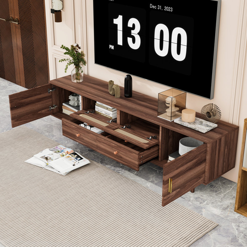 Wooden TV Stand with 2 Cabinets, 2 Drawers and Rattan Accents
