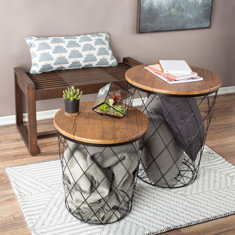 End Tables Set of 2 - Nesting Tables with Removable Wood Tops and Metal Basket Bases for Blanket Storage - Round Side Furniture for Living Room, Bedroom, or Home Office 