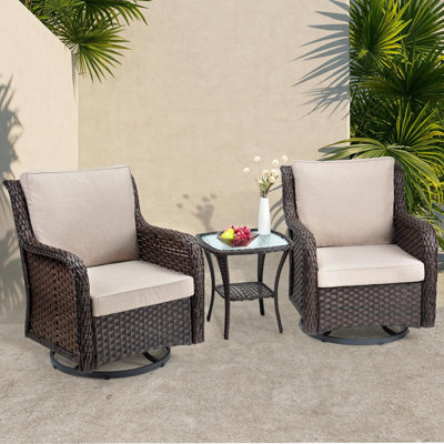 Outdoor Wicker Swivel Glider Chair Set with Table, 3-Piece Patio Bistro Set, 4-Inch Cushions, Suitable for Porch, Balcony, or Deck, Beige