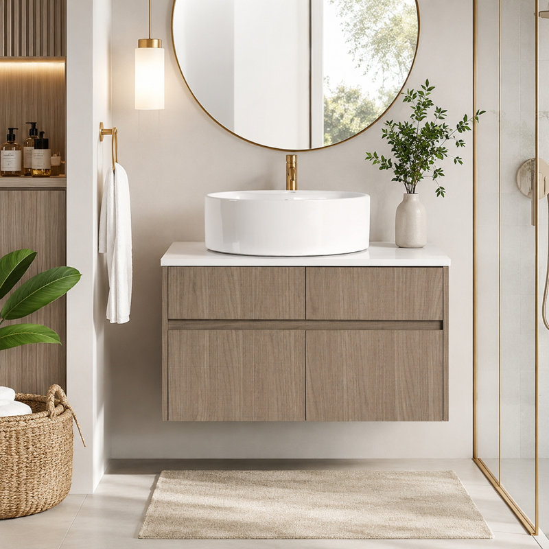 Meuble-lavabo mural 32 po avec lavabo en céramique et panneau plat en PVC, 2 portes à fermeture douce et 1 tiroir, emballage KD, panneau de particules