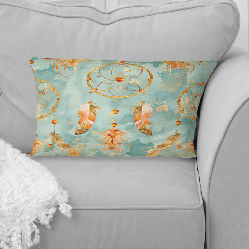 Coussin boho brun et turquoise Dreamcatcher IV - Boho, H 12 po x l 20 po, Forme rectangulaire