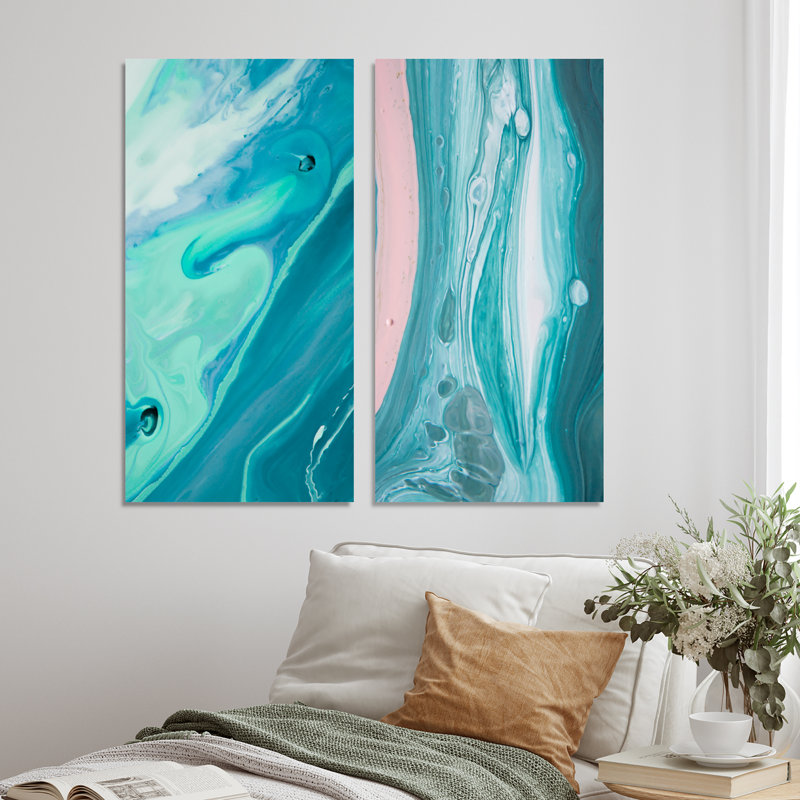 «Luxury Turquoise Marble Fluid Art II», ensemble de 2 peintures sur toiles, Toile tendue, H 20 po x l 24 po x P 1 po