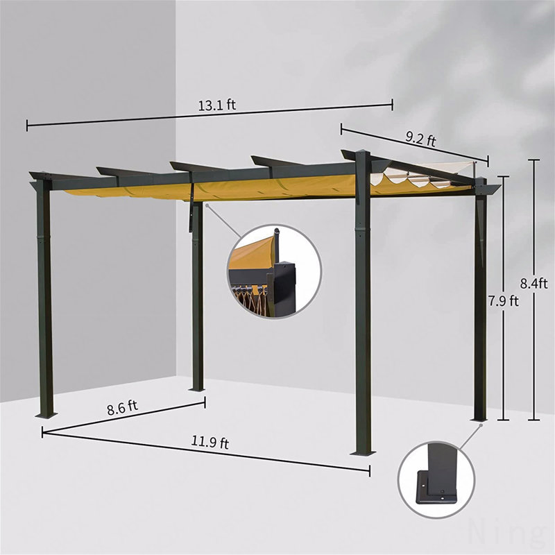 Gazebo Aluminum, For Outdoor Use With Retractable Canopy, 100.8" H x 157.2" W x 110.4" D, Black