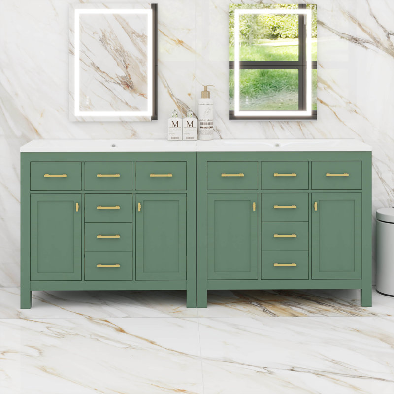 Armoire de salle de bain autoportante moderne avec tiroirs et armoires, Vert