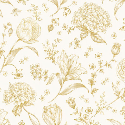 Peel and Stick Wallpaper Vintage Golden Floral Tulips Hydrangeas Delicate Blossoms Cream Contact Paper Removable Self Adhesive Wall Mural Wall Decor for Bedroom Kitchen Cabinets 24in x 118in