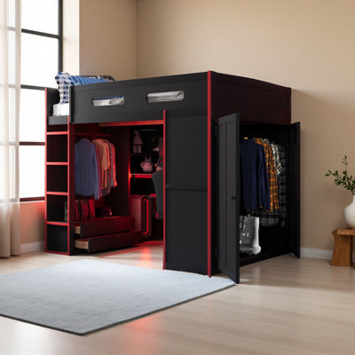 Full Size Wood Loft Bed With Desk,Wardrobe,Ample Storage Space,And RGB LED Light