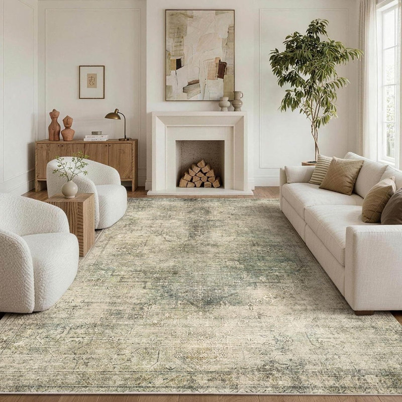 Tapis vert lavable vert rétro Boho, tapis floral antidérapant doux à poils courts pour le salon et la chambre à coucher