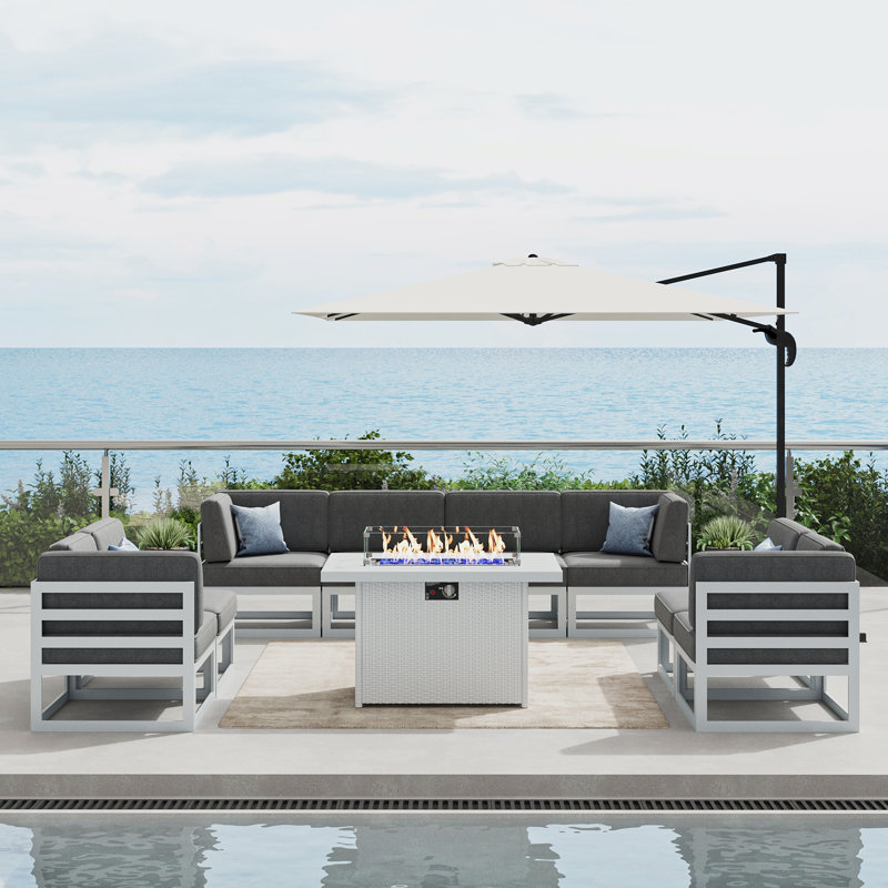  9 Pieces Modern Aluminum Patio Furniture Set With Fire Table, Outdoor Modular Sectional Conversation Set L-shaped Sofa For Backyard