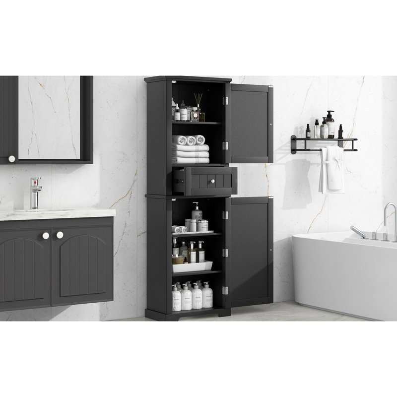 Armoire de rangement de salle de bain noire avec tablette réglable et tiroir extérieur ouvert