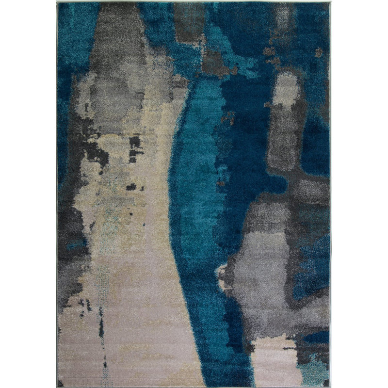 Bleu sarcelle abstrait/tapis décoratif grise Crossett, Rectangle 6 pi 5 po x 9 pi 5 po