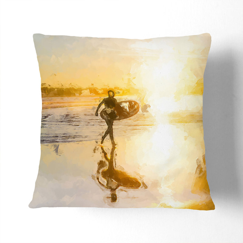 Surfer on a Spanish Beach Cushion with Filling, White, 55cm H x 55cm W x 20cm D