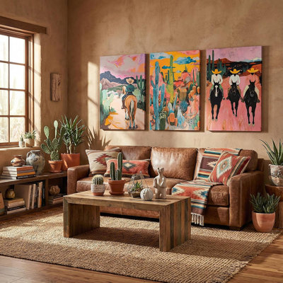 3 pièces Western Cowboy toile art abstrait Cowboy désert cactus désert photos rétro sauvage sud-ouest affiches impressions pour le salon chambre à coucher maison peintures décoration se préparer à accrocher