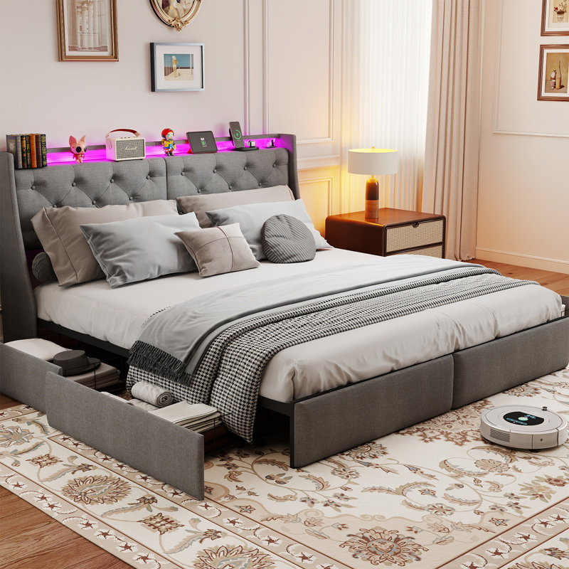 Très grande base de lit tapissier très grand, lit avec 4 tiroirs de rangement, station de charge (2 USB), lumières DEL et tête de lit avec rangement