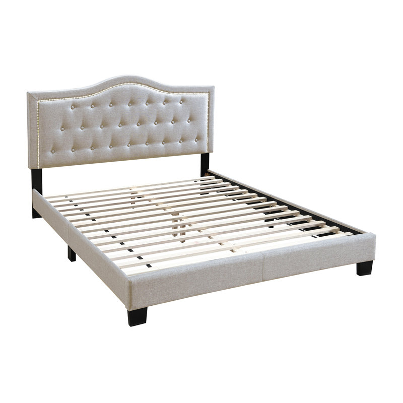 Light Brown Queen Linen Upholstered Bed with Tufted Headboard