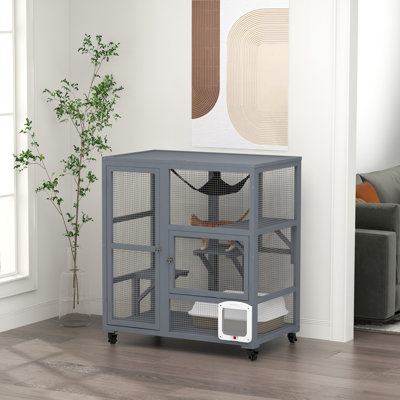 Maison pour chat, enceinte en bois grise de 39 po avec roulettes - plateformes multi-niveaux, et porte à rabat pour 2 chats jusqu'à 12 livres regroupés dans des chats d'intérieur agrégés, gris, lb
