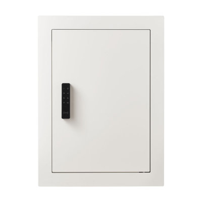 Coffre-fort mural de 0,83 pi³, coffre de sécurité mural avec mot de passe, clé et bouton de rotation, coffre-fort en acier laminé à froid Q235, tablettes réglables et trous de fixation pré-percés pour passeport de bijoux en argent, blanc