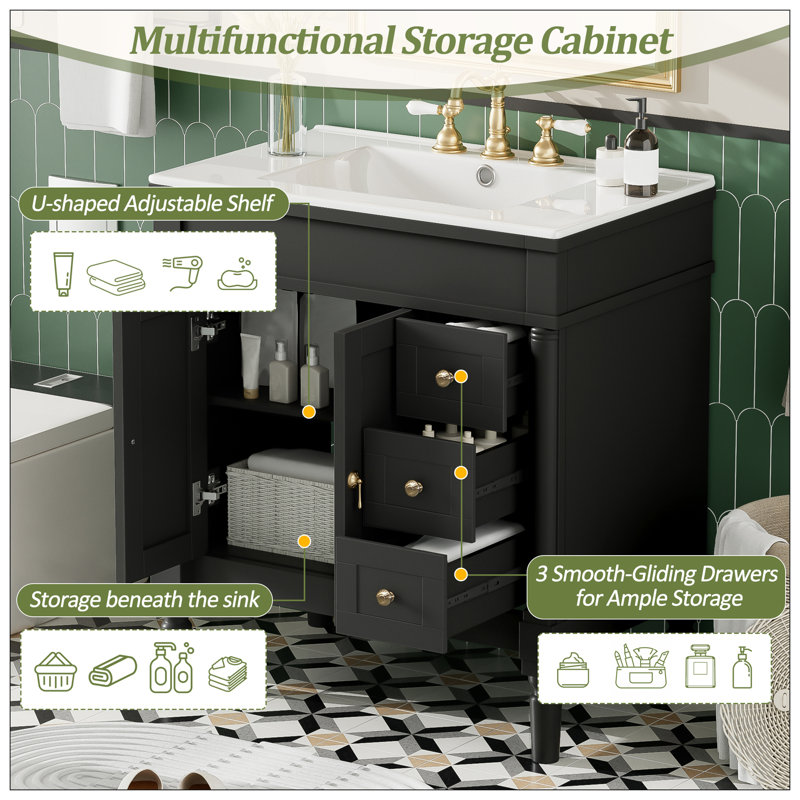 Meuble-lavabo pour salle de bain, Noir, Doré