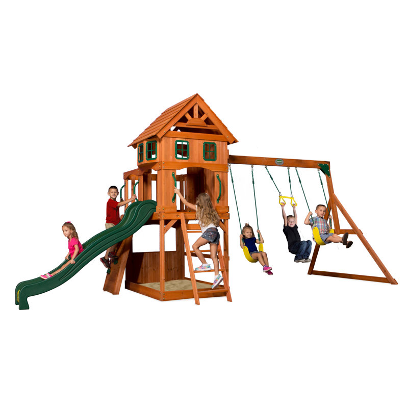 Atlantis Cedar Wood Swing Set with Green Slide and Clubhouse