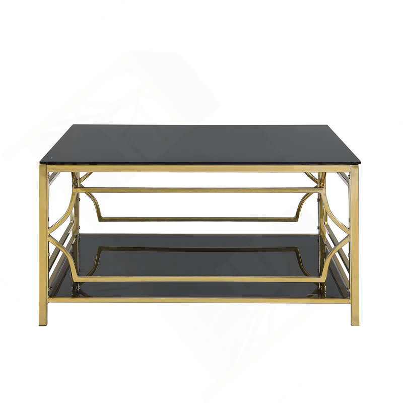 Table basse carrée en verre de 33,5 po, structure géométrique luxueuse en métal, finition dorée et tablette inférieure, Noir