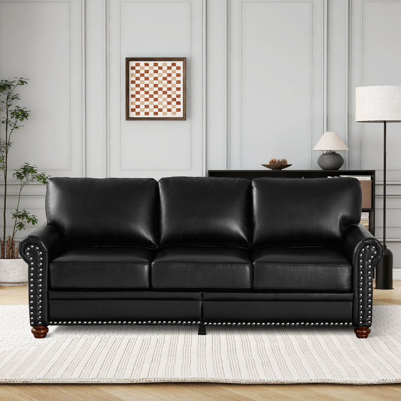 Classic Living Room Nails Sofa Faux Leather, Black, 34.5" H x 82.68" W x 31.89" D