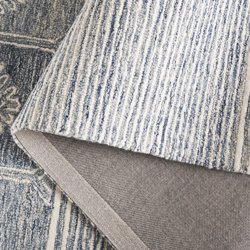 Laine de pin touffetée à la main 805 Coton Tapis géométrique en latex bleu / ivoire, Rectangle 5 pi x 8 pi