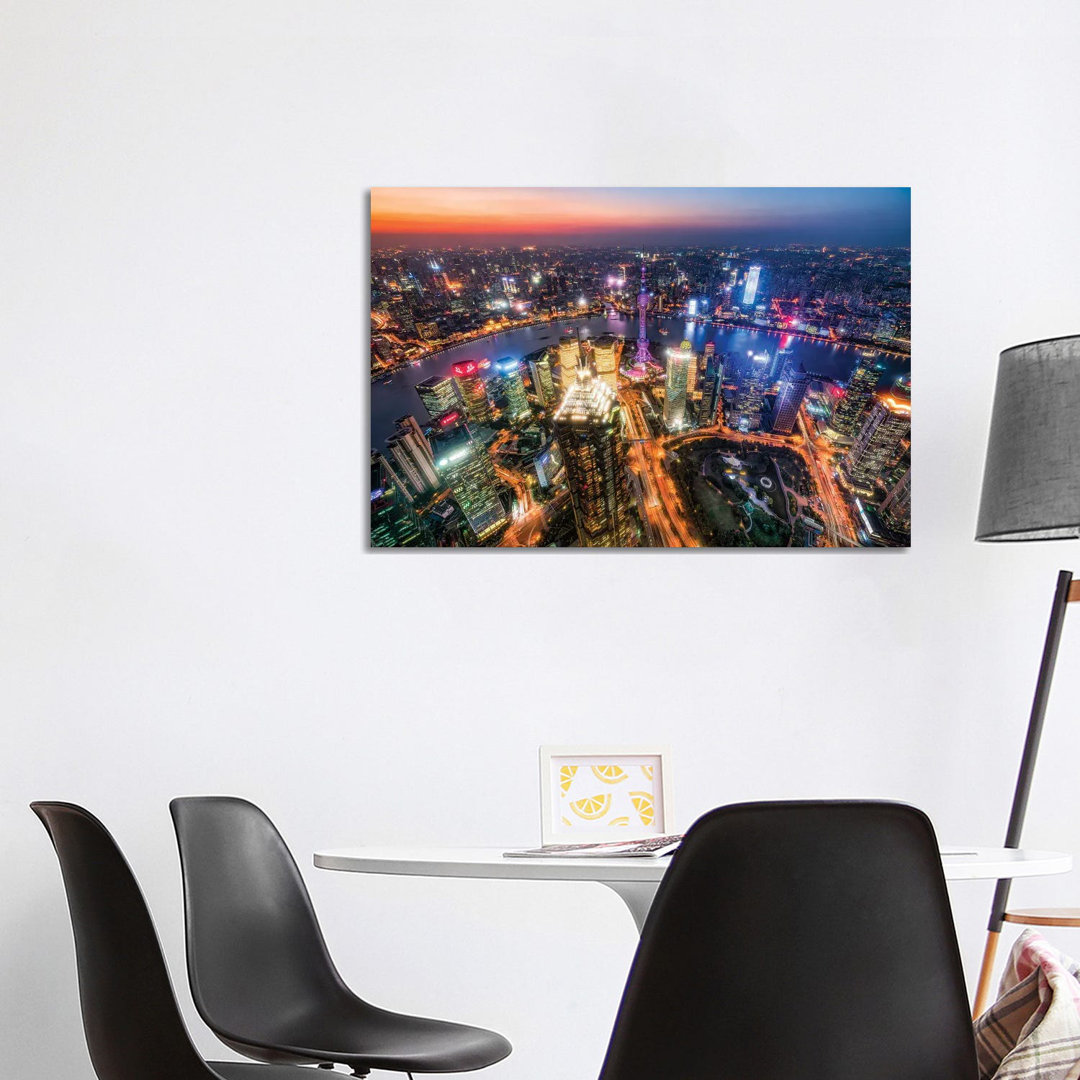 Aerial View Of Pudong At Night With Oriental Pearl Tower, Shanghai, China - Wrapped Canvas Gallery-Wrapped Canvas Giclée