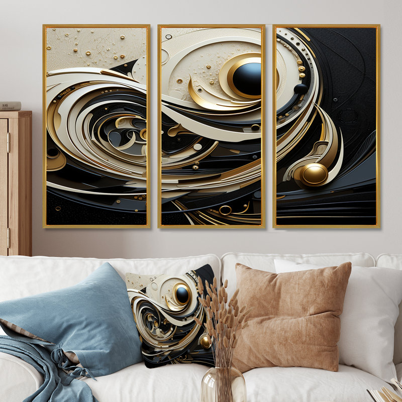 Winslow - Ensemble d'art mural spirales abstraites, Cadre flottant doré, H 28 po x l 36 po x P 1 po
