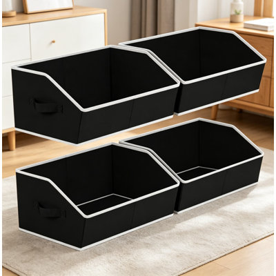 Storage Baskets for Shelves - Trapezoid Cube Storage Organizer Bins with Handles, Decorative Large Shelves Organizer for Home, Office, Dorm, Non-Woven Fabric, Black, 4 Pack